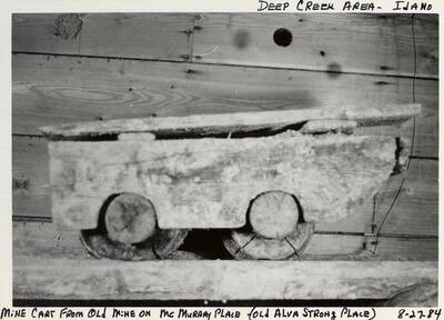 A mine cart made of wood from the old mine on W. McMurray Place (old Alva Strong Place) in Deep Creek area Idaho.