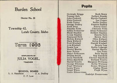 A pamphlet for the Burden School. The pamphlet reads 'Burden School District No. 33 Township 42, Latah County, Idaho Term 1906 Compliments of Julia Vogel, Teacher School Board L. A. Stanfield, J. A. Dudley, C. P. Low. Pupils - Gertrude Briggs, Ruth Betry, Tommy Bolt, Delbert Brooks, John Cockrell, Myrtle Cockrell, Elsie Cockrell, Lee Comer, Ruth Comer, Nellie Dudley, George Dudley, Frances Dudley, Ruth Doty, Emery Dunn, Blanche Felts, Clarence Felts, Eddie Feldmeier, Edna Feldmeier, Maud Haydon, Delbert Haydon, Leona Haydon, Estella Helt, Raymond Helt, Bernie Helt, Melvin Kidwell, Olive Kidwell, Mary Kidwell, Belva Kimball, Fern Kimball, Harold Kimball, Avis Kimball, Bennie Low, Bessie Low, Rollin Lobaugh, Muriel Martin, Marion Martin, Rose Nelson, Ora Powe, Hazel Pridmore, Belle Smith, Delpha Smith, Roy Stanfield, Irven Stanfield, Chester Stanfield, Ellice Standfield, Richard Tomlin, Harral Tomlin, Margaret Williams, George Whitney, Nellie Whitney, Pearl Whitney, Nettie Whitney, Lewis Wynn, Gladys Wynn, Lloyd Wynn, Floyd Wynn, Lizzie Zimmerman, Rudolph Zimmerman