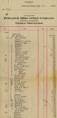 A statement for an account with Potlatch Mercantile Company Wholesalers and Retailers for general merchandise purchases for June 31, 1909