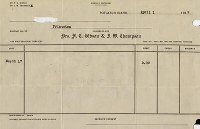 A monthly statement from Drs. F. C. Gibson and J. W. Thompson for professional services on March 17.