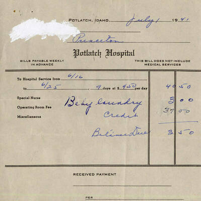 A bill from Potlatch Hospital that does not include medical services, just the cost of the special nurse, an operating room fee, and miscellaneous charges.