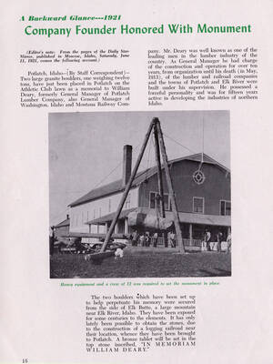 A photograph and article taking 'a backward glance' to 1921 when the William Deary Memorial was put in place. The article describes the boulders and where they were from along with Deary's past.