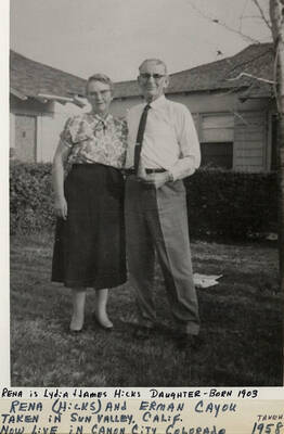 A photograph of Rena (Hicks) and Erman Cayou taken in Dun Valley, California, in 1958. Rena, born in 1903, is Lydia and James Hicks' daughter.