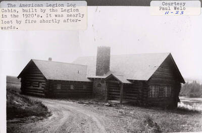A photograph of the American Legion Log Cabin that was almost lost to fire soon after it was built in the 1920's