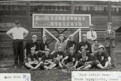 A photograph of the Potlatch High School baseball team with coach Frank Coragliotti after a win against Bovill.