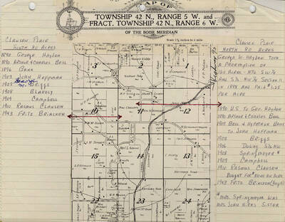 Map of Township 42 N., Range 5 W. and Fract. Township 42 N., Range 6 W. of the Boise Maridian. Clausen place 20 acres and Clausen Place North 80 acres. Scale is 1 3/4 inches to 1 mile.