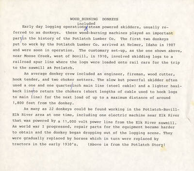 Document discussing the history of using wood-burning donkeys, or steam-powered skidders, by the Potlatch Lumber Company.