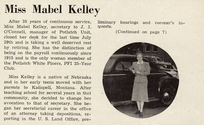 A photograph and article announcing the retirement of Miss Mabel Kelley a long time office secretary of the Potlatch Lumber Company.