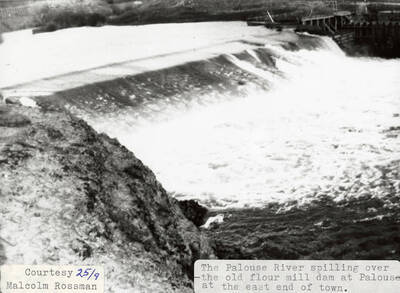 A photograph of the Palouse River flowing over the old flour mill dam at the east end of town.