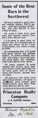 An ad for the Princeton Realty Company in the Palouse Republic with a list of 'Some of the Best Buys in the Northwest' with their dimensions, price, and general location.