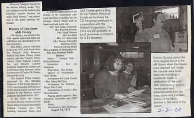 Newspaper column detailing the history of this public library and thanking the people who made the construction of a new one possible.