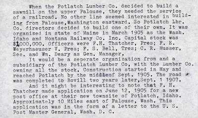 Document outlining the history of Potlatch Lumber Co and how it was set up.