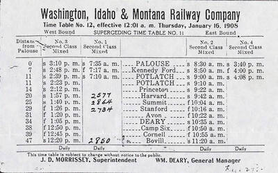 A document outlining the time table for the Washington, Idaho, and Montana Railway Company. It documents what the station is, how far the station is from Palouse, and when the train is scheduled to arrive and depart.