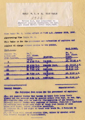 A document outlining the time table for the Potlatch Lumber Company. It documents what the station is, how far the station is from Palouse, and when the train is scheduled to arrive and depart.