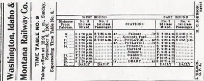 A document outlining the time table for the Washington, Idaho, and Montana Railway Company. It documents what the station is, how far the station is from Palouse, and when the train is scheduled to arrive and depart.