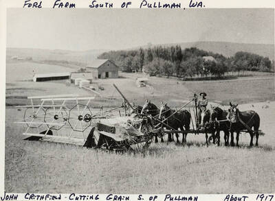 John Crithfield using a team of horses to cut grain on the Ford Farm south of Pullman Washington. Photograph taken about 1917.