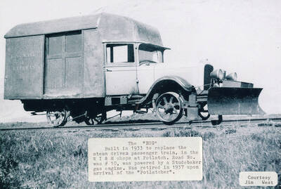 View of the 'bug', which was built to replace the steam driven passenger train. It was retired after four years once the 'Potlatcher' was introduced.