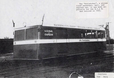 View of the 'Potlatcher', which is a streamlined passenger, mail, and express car. The railroad car was made especially for the WI&M railway company. It was retired in 1955.