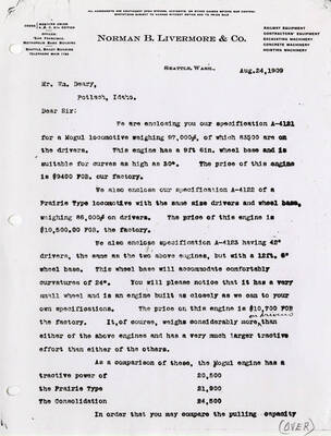 Letter by Norman B. Livermore and Co. documenting the specifications for locomotives.