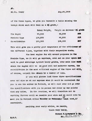 Letter by Norman B. Livermore and Co. documenting the specifications for locomotives.