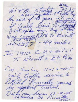 Short hand-written document discussing a brief history of the WI&M railway. The document has a note on it about a picture that was in the Palouse Republic issue 11-17-05 of a crowd about to board a special train.