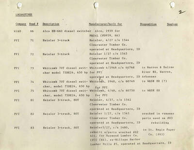 Document presenting information about the different locomotives being used. It tells the company that owns the locomotive, the road is operates on, a description, who the manufacturer is, and the disposition.