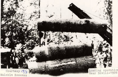 View of a loader stacking a log on a flat car.