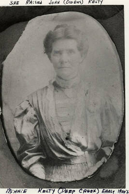 A Portrait of Minnie Kelty from Deep Creek. She raised John (Owens) Kelty. The Photograph was taken in the early 1900s.