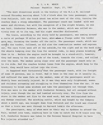 Document describing the events of the most disastrous wreck in the history of the WI&M railroad.