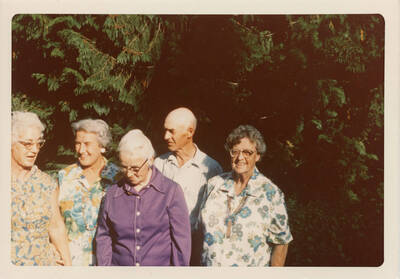 Photo of (left to right) Louise Carscallen, Doris Whiting, Elsie Gabel, Vincent Katzenberger, Rose Bysegger in 1977