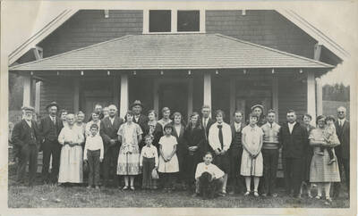 Group photo, left to right: Fred Bysegger, J.V. Katzenberger, Emma Davis, Anna Bysegger, Bertha Nirk, Ida Soncarty, Roy Davies & son Max (Standing behind Ida Soncarcty), Gerald Nirk (Standing in front of Ida Soncarty), John Nirk, Clara Bysegger, John Bysegger, Lois Bysegger, Glen Nirk (In front of Loise Bysegger), Lois Bysegger mother Hollenbeck, Clara Nirk (In front of Mrs. Hollenbeck), Beth (Katy) Adams, Myra Katzenberger, Fred Adams, Doris Katzenberger, Homer Katzenberger (Kneeling in front of ' ' [Doris Katzenbeger?]), Edward Bysegger, Louise (Katzenberger) Carscallen, Vincent Katzengerger, Curtis Katzenberger, Durell Nirk, Rose Bysegger, Mary Nirk (Holding Leola Nirk), & Charles Bysegger.