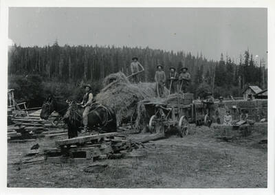 Photo of hay baling at Bysegger place with people: (left to right) Edward Hicks, Willie Bysegger, George Teas, Ed Soncarty, John Bysegger, Grandpa (Fred) Bysegger, Charley Bysegger), Clara & Eddie Bysegger.