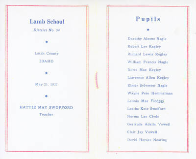 Lamb School souvenir booklet from 1937. Hattie May Swofford was the teacher.