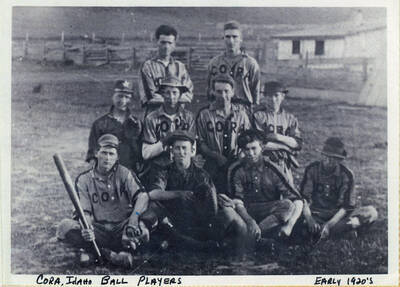 Cora, Idaho baseball players. Player names are included but names are not matched with each player: Harold Kimble, Leo Messenger, Roy Bricker, Randolph Zimmerman, Jim Broughton, Bob Schussman, Ralph Bricker, Floyd Rogers, Walter Kislig, John Kelty.
