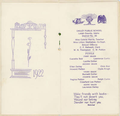 A souvenir booklet for the Dailey Public School from 1922. Miss Colene Harris was the teacher.