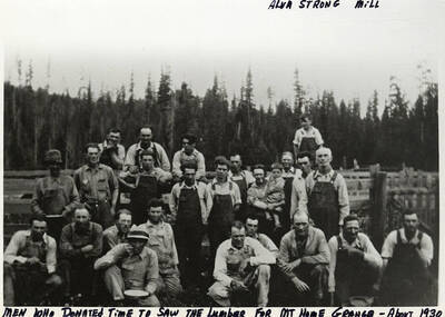 The men who donated time to saw the lumber for Mt Home Grange. Photograph taken around 1930.