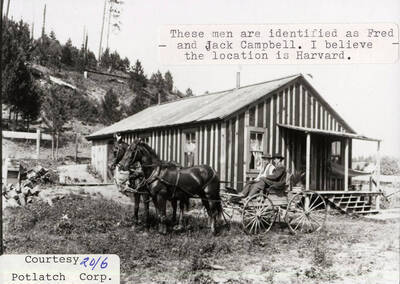 Two horses pulling two men sitting in a carriage. The carriage is parked outside a house. The men in the carriage are Fred and Jack Campbell.