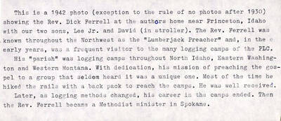 Description of the photo of Rev. Dick Ferrel sitting with Lee Jr. and David. The document talks about Rev. Dick Ferrell and his contribution to logging camps throughout the North Idaho, Eastern Washington, and Western Montana areas.