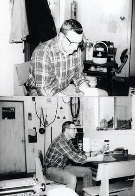 Two portraits of Garry Jones in an office at the mill.