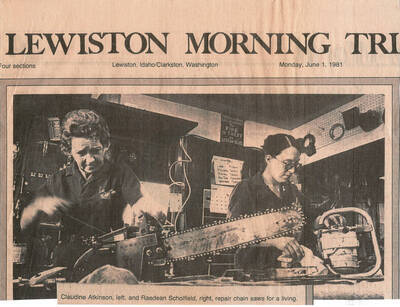 A front page news clipping from the Lewiston Morning Tribune that shows Claudine Atkinson and Raedean Scholfield fixing chainsaws.
