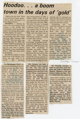A newspaper article from an unknown newspaper. The article is about the boomtown, Hoodoo, Idaho, during the gold rush between 1880 and 1903. The article content was originally published in the book 'From A to Z in Latah County, Idaho - A Place Name Dictionary' by Lalia Phipps Boone.