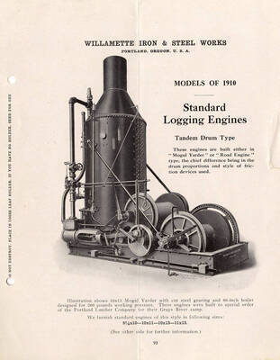 Document about standard logging engine models of 1910 made by Willamette Iron and Steel Works. It also gives information about the Tandem Drum Type logging engine.