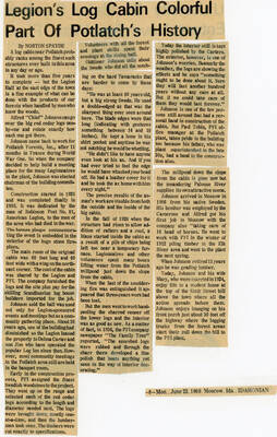 A newspaper article about the log cabin that acts as the Legion Hall in Potlatch.