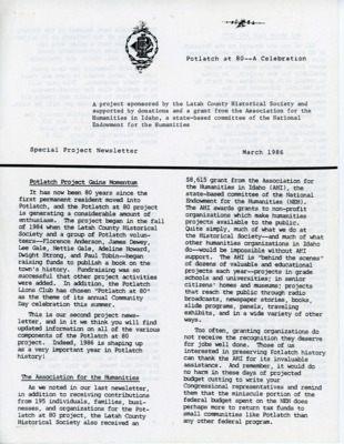 Newsletter for Potlatch at 80 -- A Celebration.