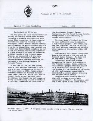 Newsletter for Potlatch at 80 -- A Celebration.
