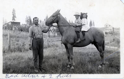 Postcard of Bud Adair with his children on a horse.