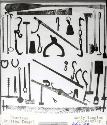 Display of tools that the Potlatch Lumber Company loggers used for logging.