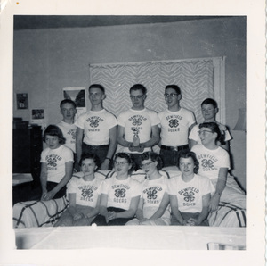 Photograph of the Dewfield Doers 4-H Club. Members identified are: Gary Whitemore, Doug Scoville, Dan Blood, Gary Curtos, Marvin Thompson, Joanna Blood, Linda Scoville, Bonnie Curtis, Joyce Thompson, Marcia Blood, Charlene Whitmore