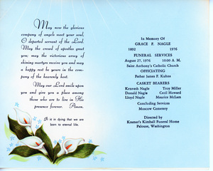 Funeral Program for Grace Nagle.