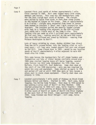 Document identifying the location of many Potlatch Camps. Also described are the camp setting, the camp foreman or boss, and the rail camps.